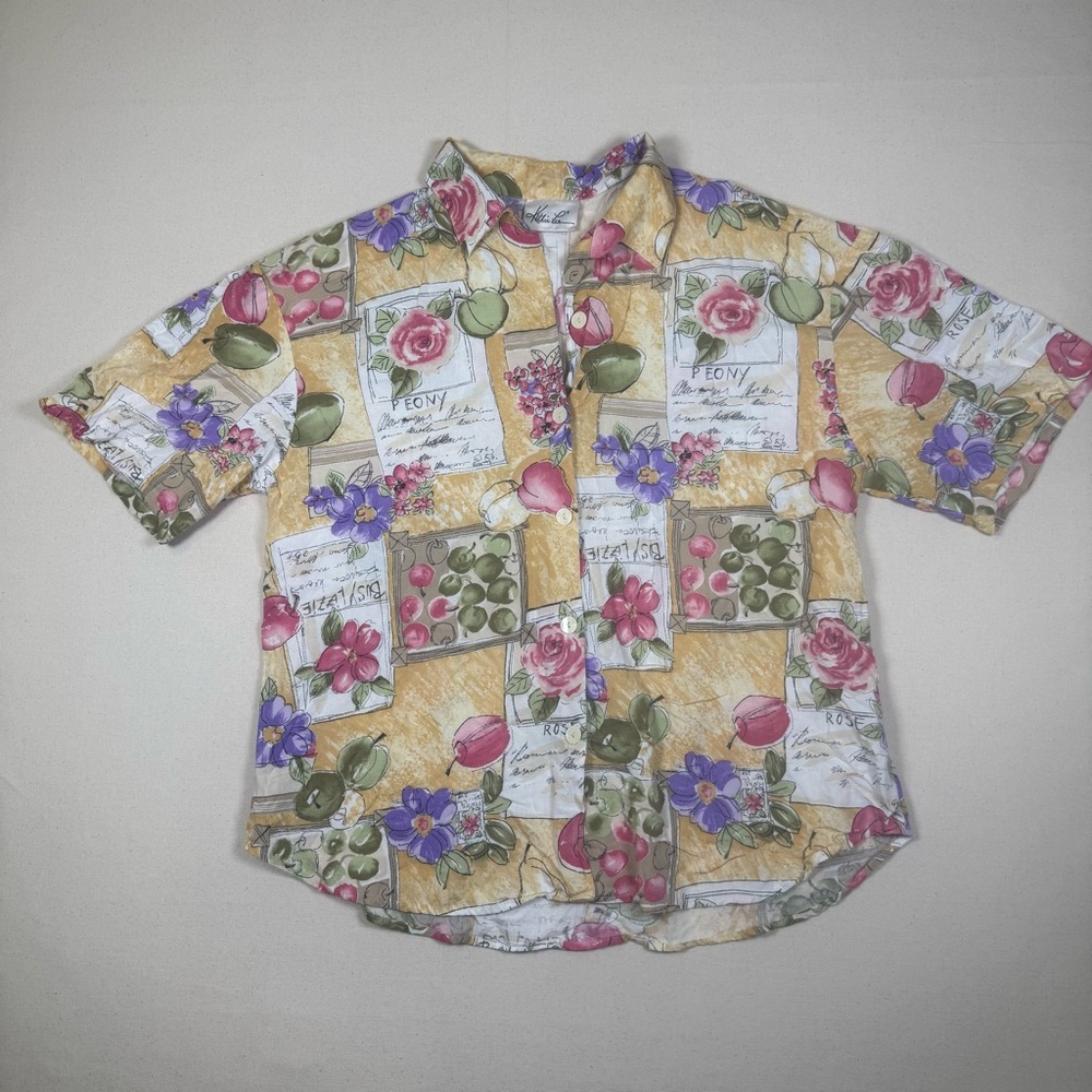 Vintage Kathie Lee Floral Fruit Print Button-Up Shirt | 90s Cottagecore Top-M